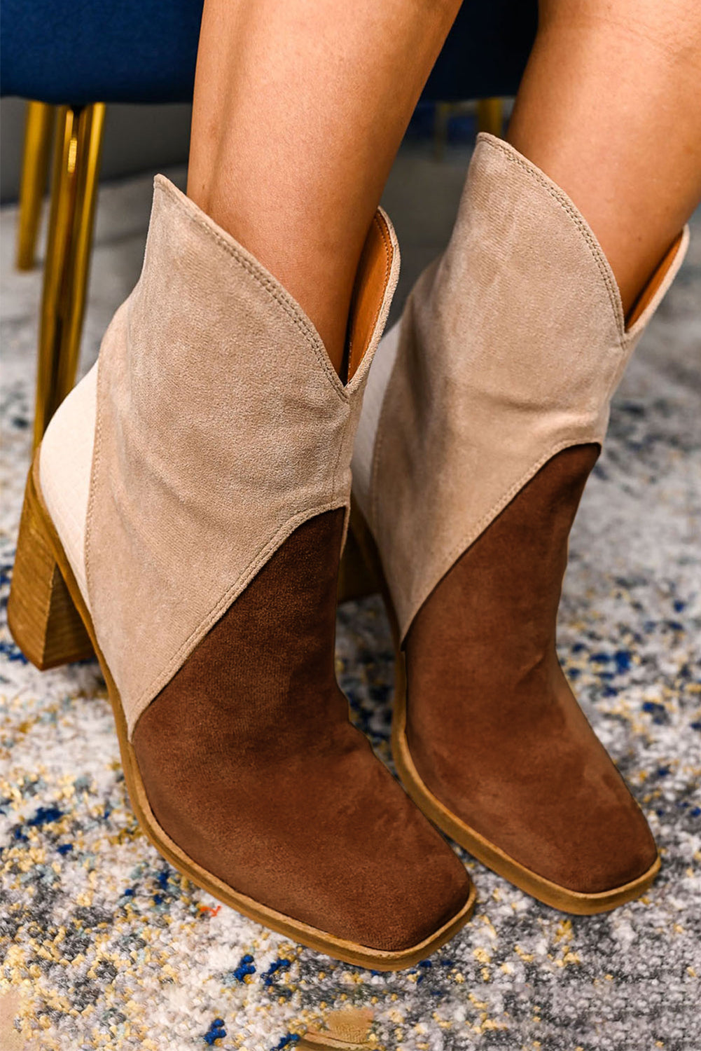 Chestnut/Black Colorblock Suede Heeled Ankle Boots