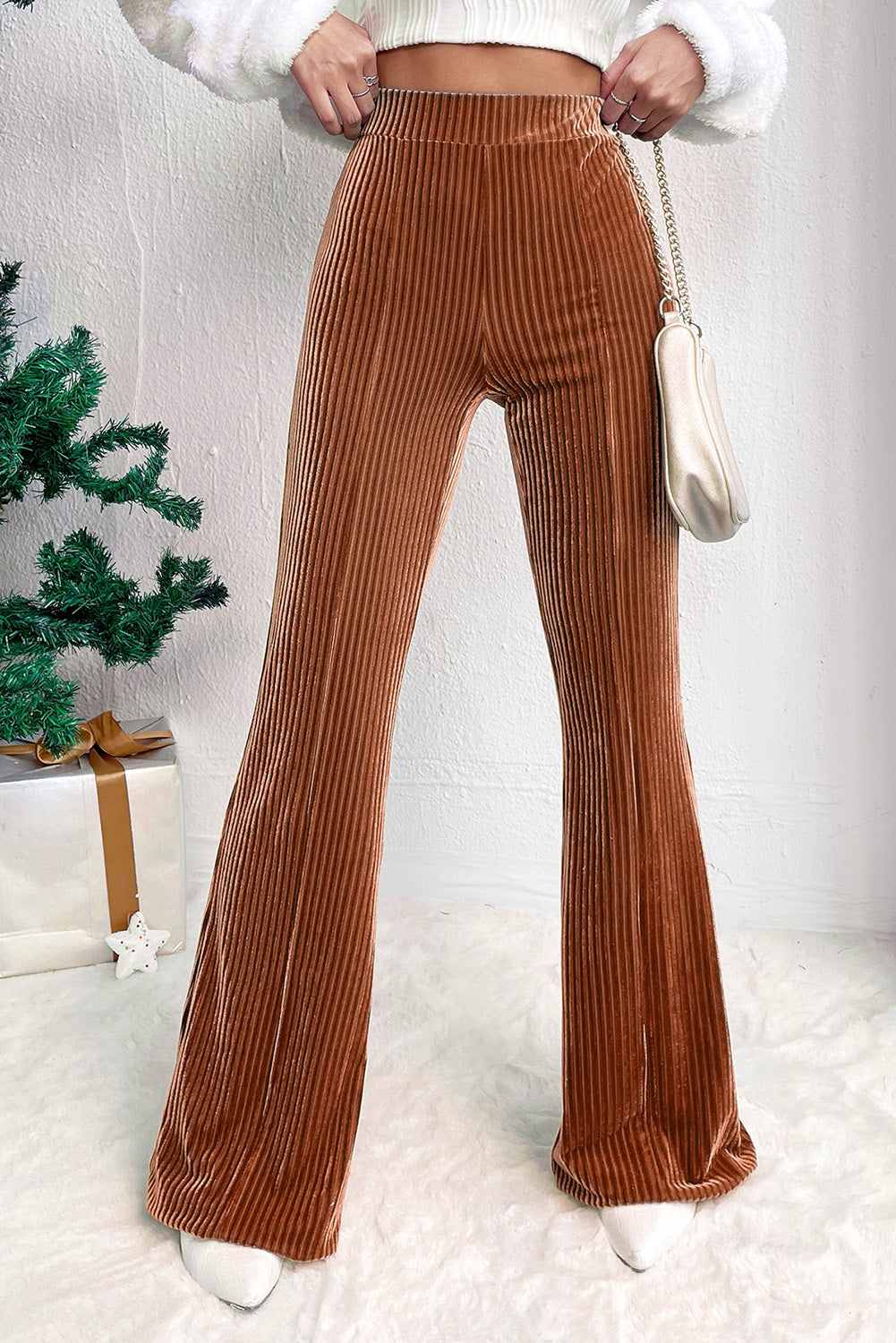 Brown, Pink and Black High Waist Corduroy Flare Pants