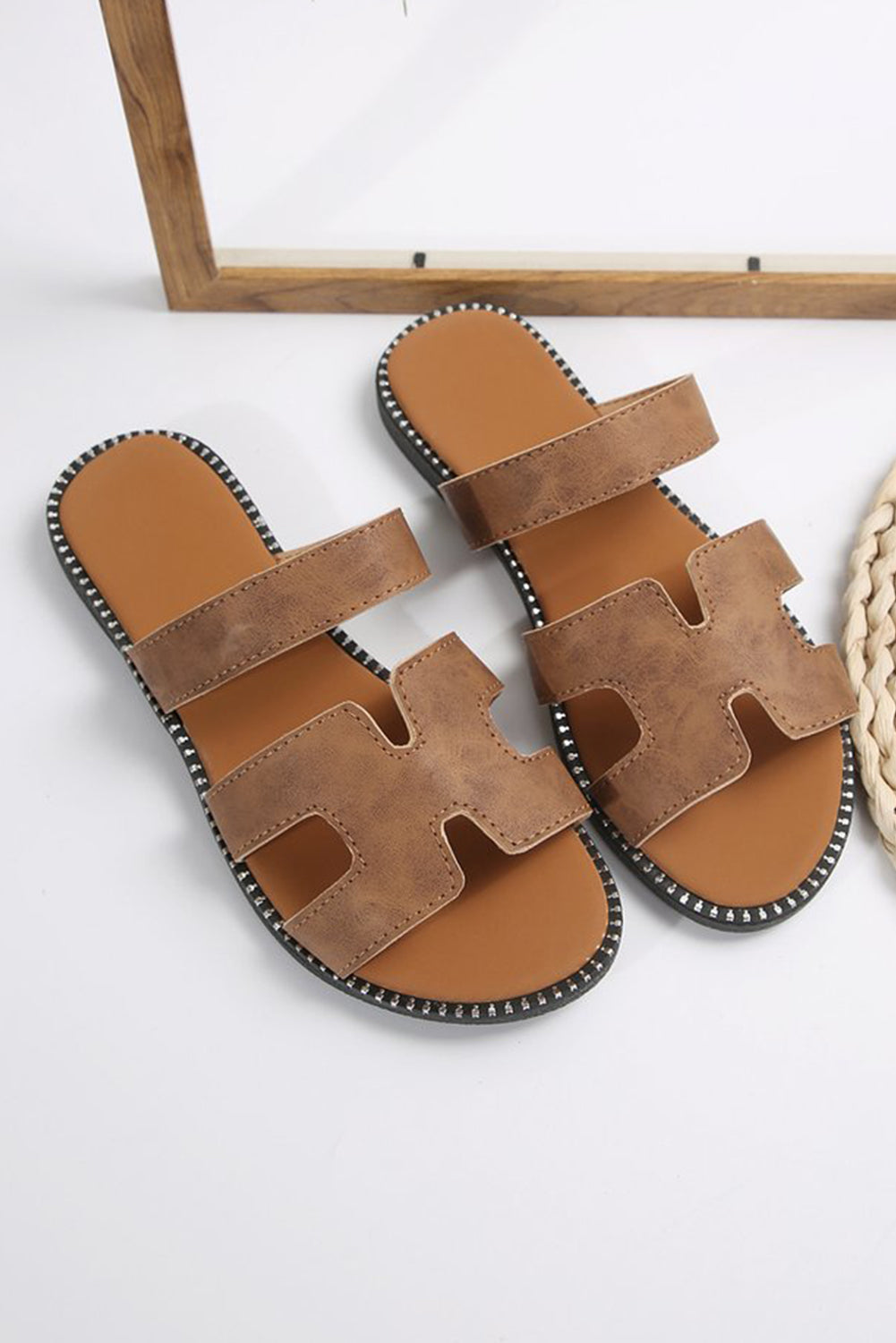 Black/Brown Leather Flat Slides Shoes