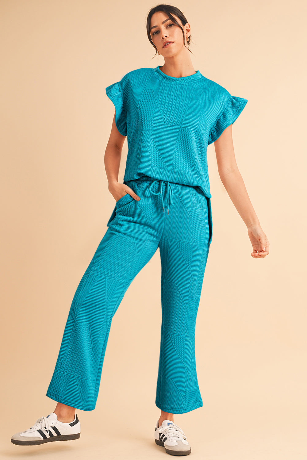 Black/Green/Blue Textured Ruffle Top and Pants Set