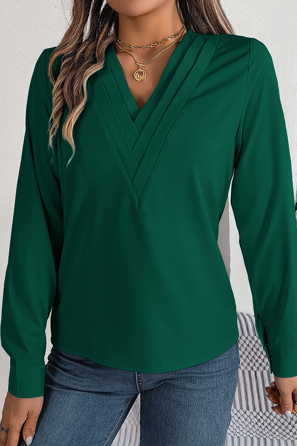 Blackish Green / Red Elegant V-Neck Pleated Blouse