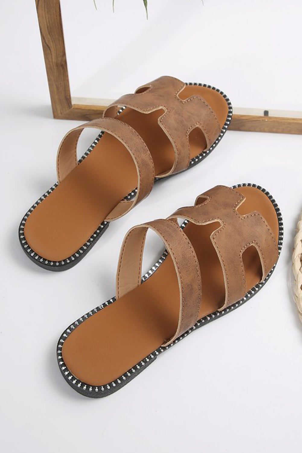 Black/Brown Leather Flat Slides Shoes