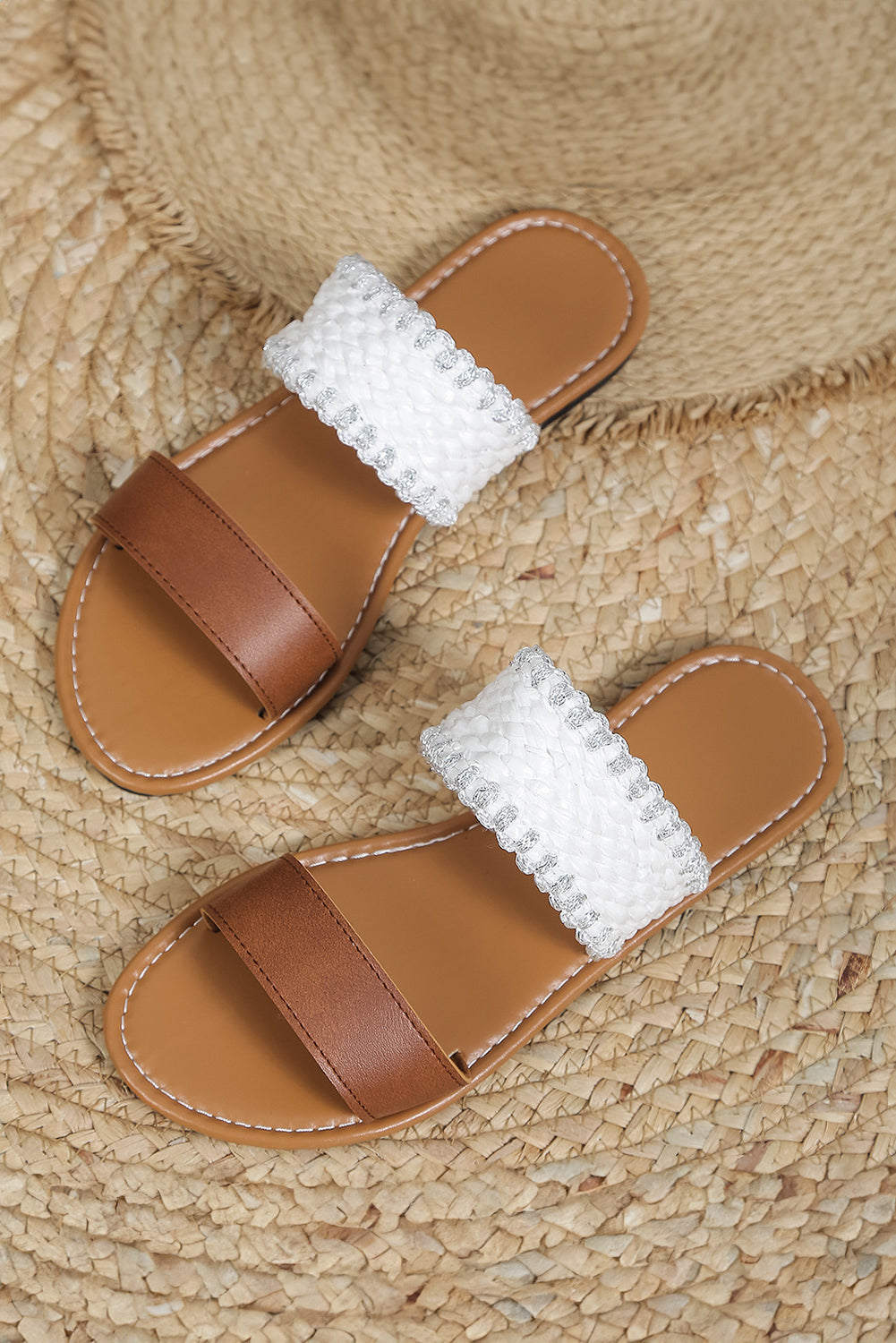 Chestnut Faux Leather Woven Strap Flip flops