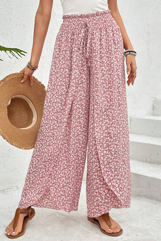 Multi color Floral Shirred Side Slit Wide Leg Pants