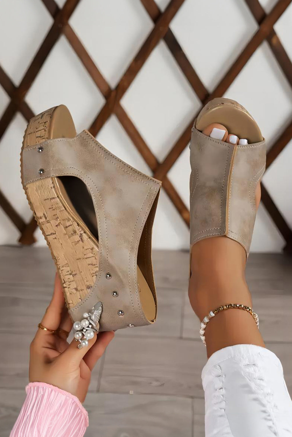 Gray Leather Wedge Slides Shoes