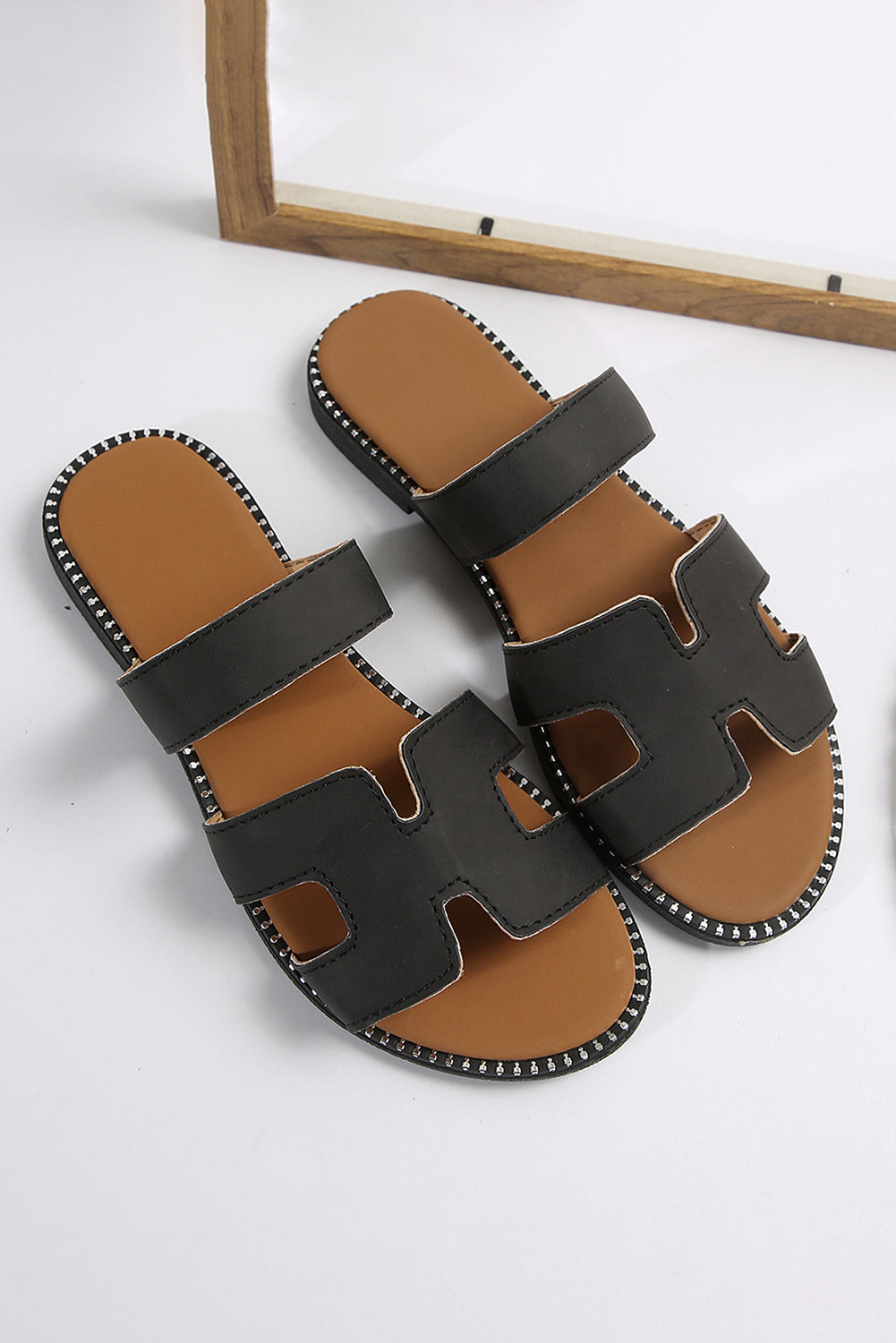 Black/Brown Leather Flat Slides Shoes