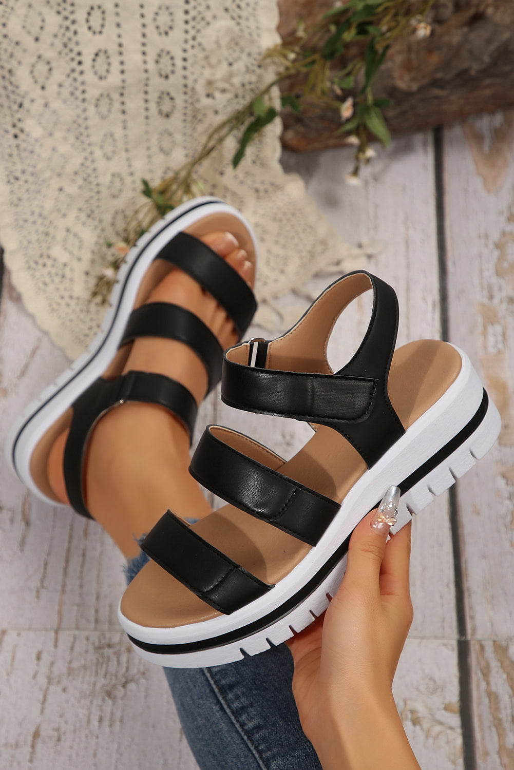 Camel/Black Leather Platform Sandals