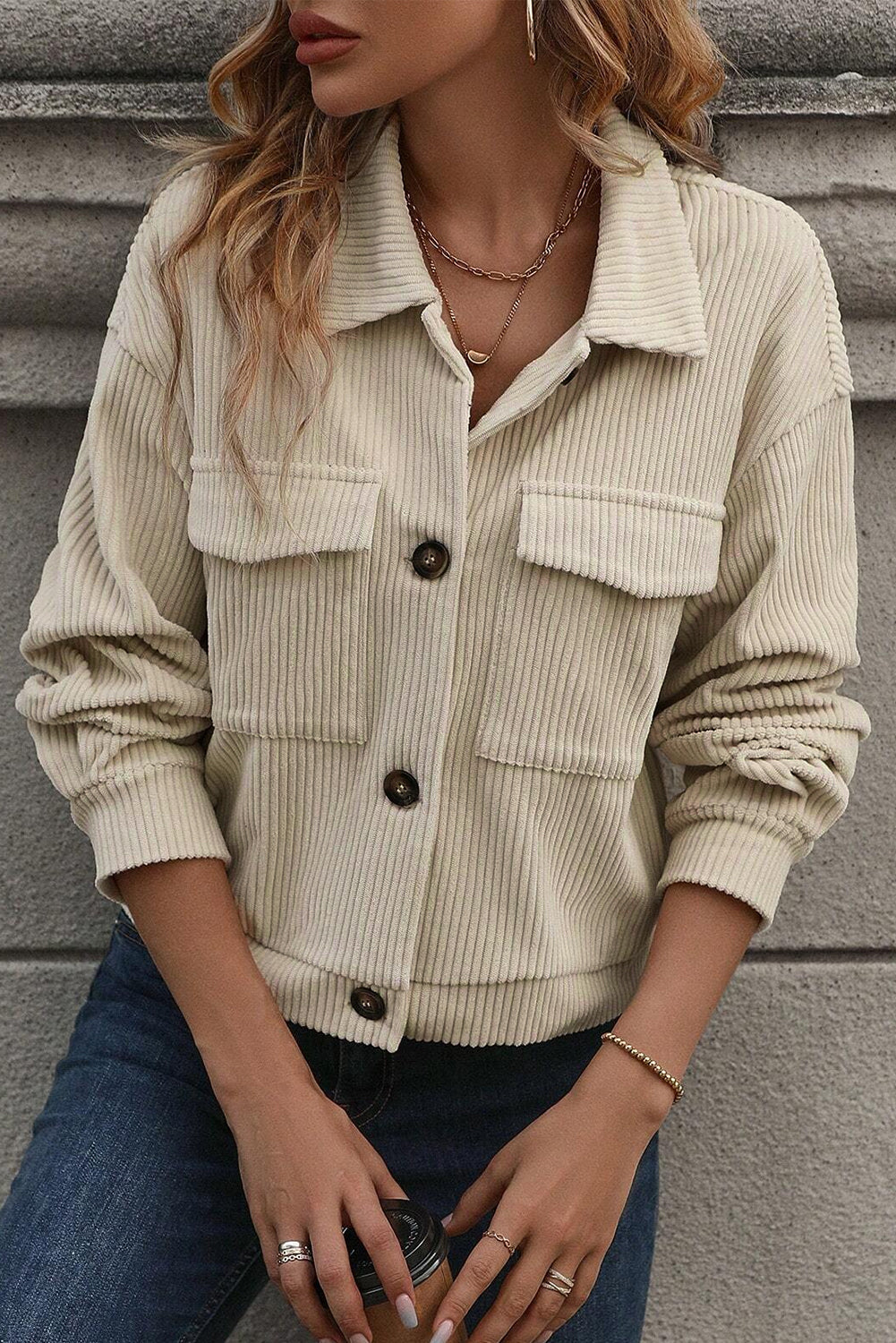 Beige Flap Pockets Jacket