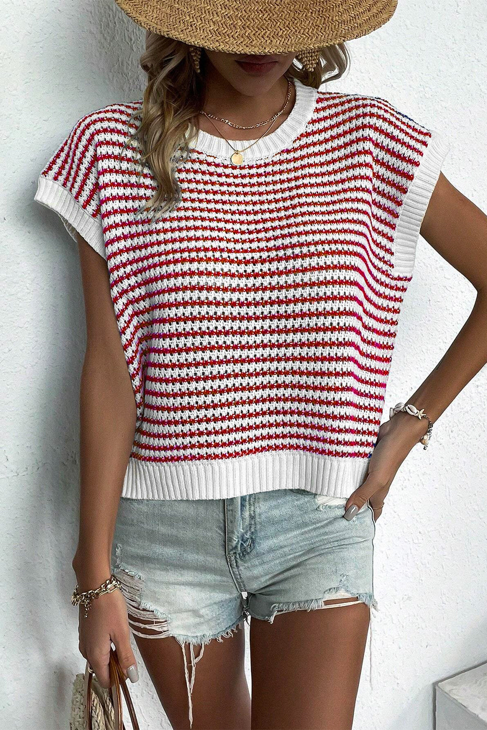 Blue/Red/Black Stripe Knit Dolman Top