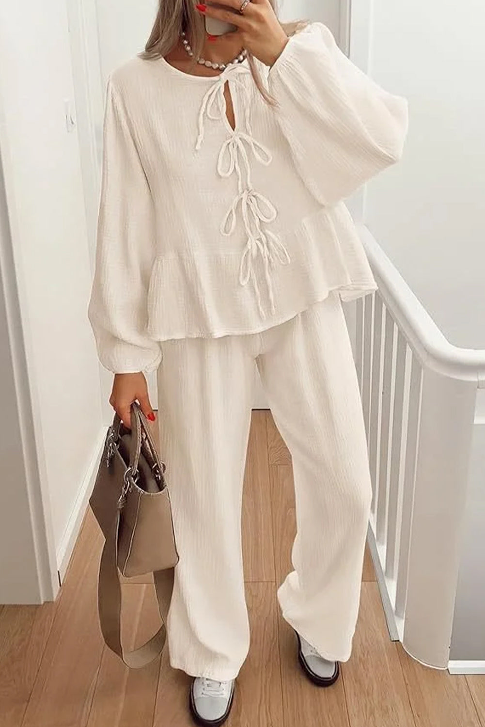 White Front Tie Long Sleeve Top And Wide Leg Pant Set