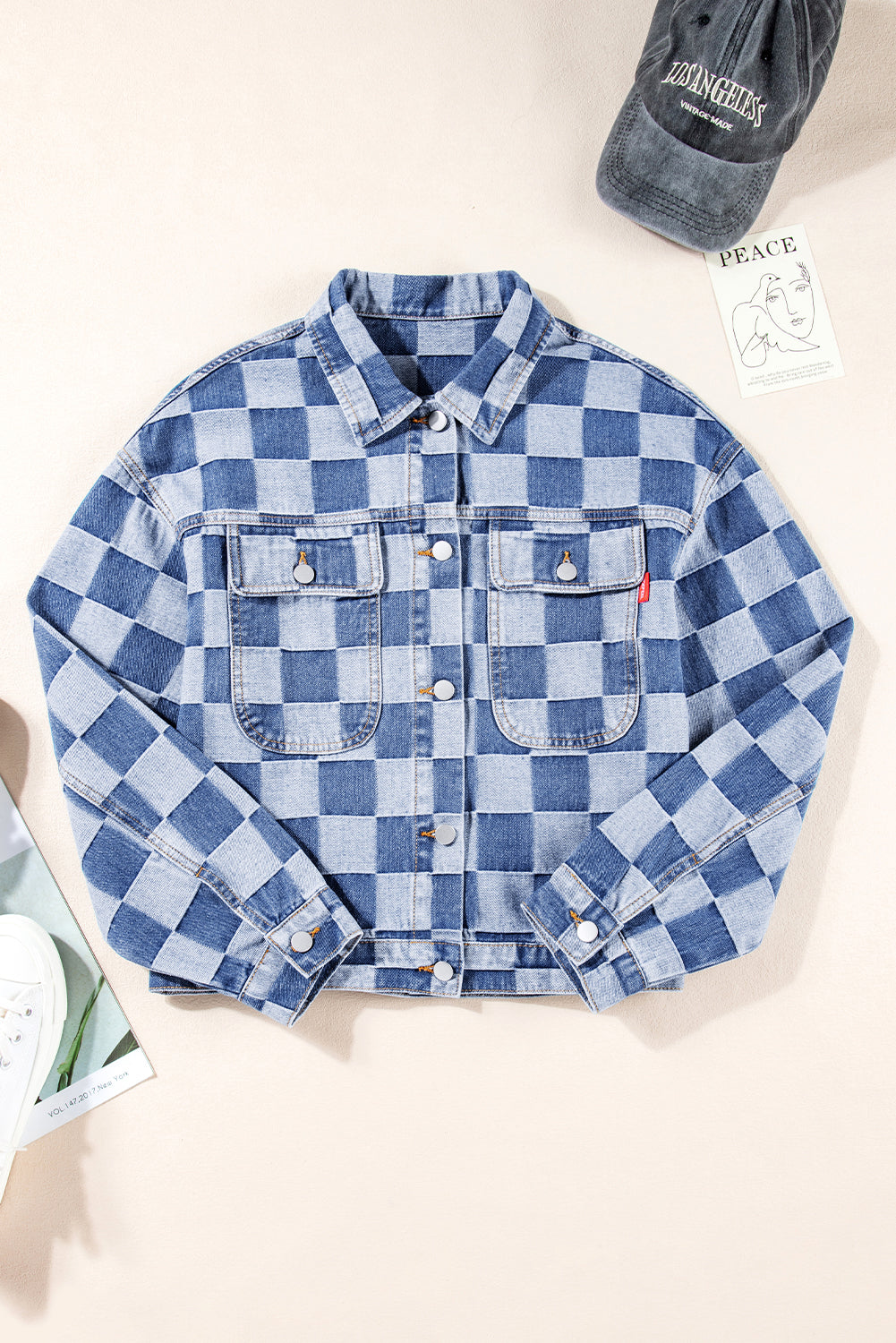 Light Blue/Black Checkered Patchwork Denim Jacket