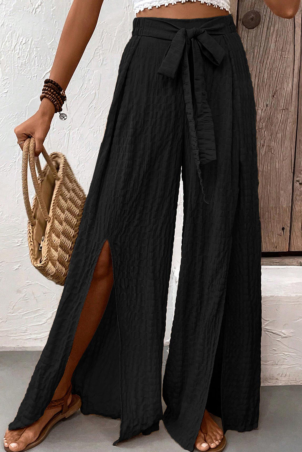 Black Crinkle Waist Slits Flared Pants