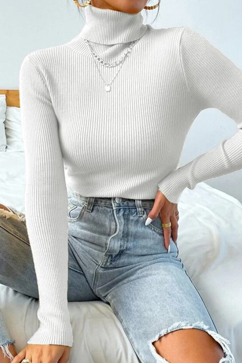 White/Black Turtleneck Pullover Knit Top