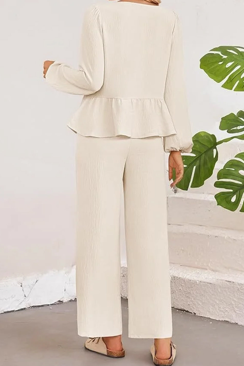 White Front Tie Long Sleeve Top And Wide Leg Pant Set