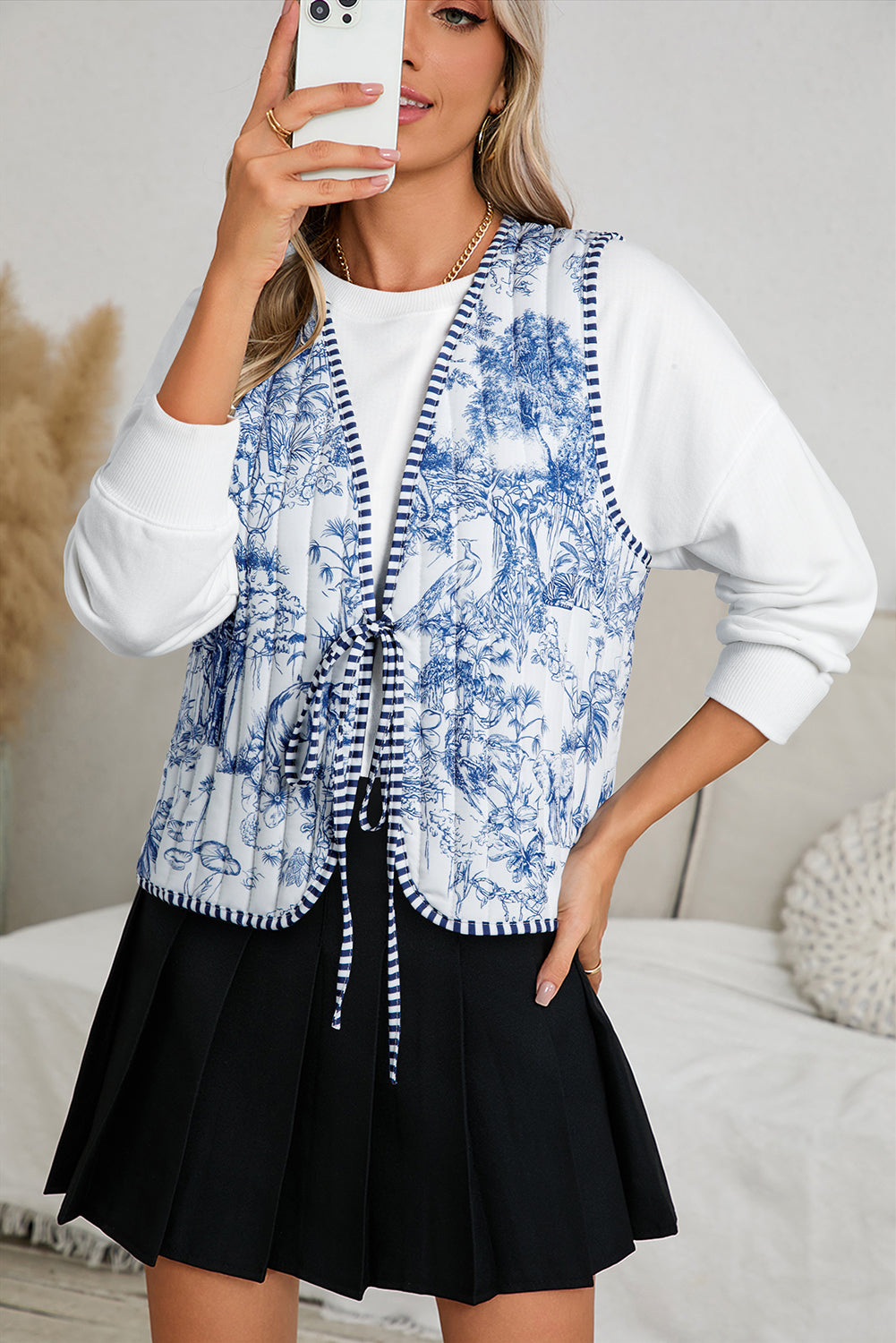 White Reversible Floral And Striped Boho Gilet