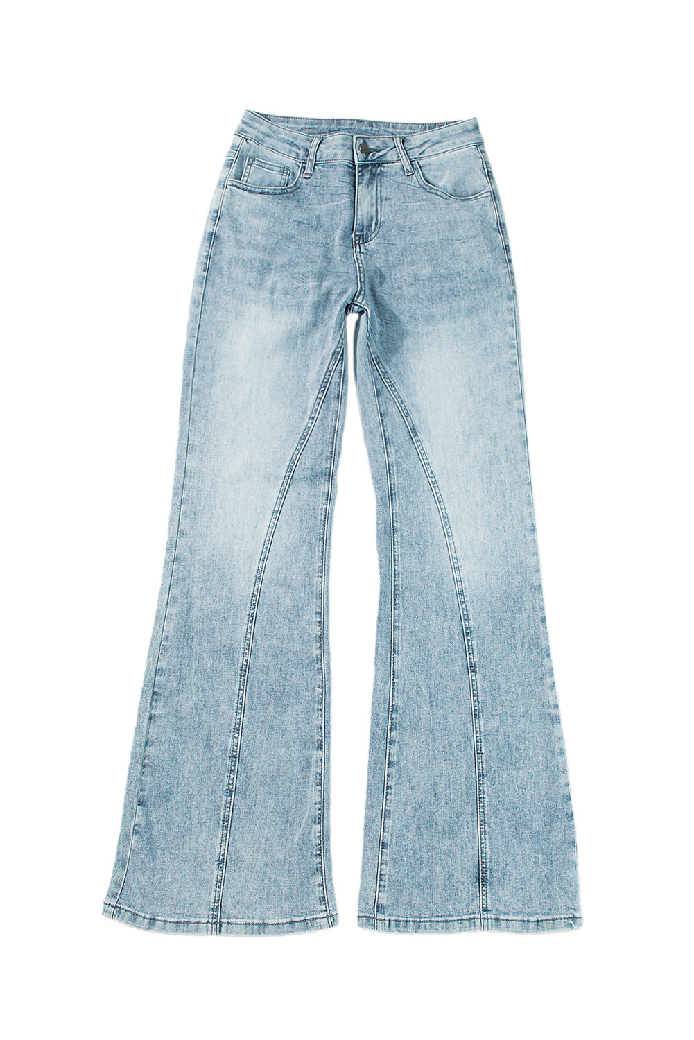 Dunkelblaue Jeans mit ausgestelltem Bein und Acid-Waschung