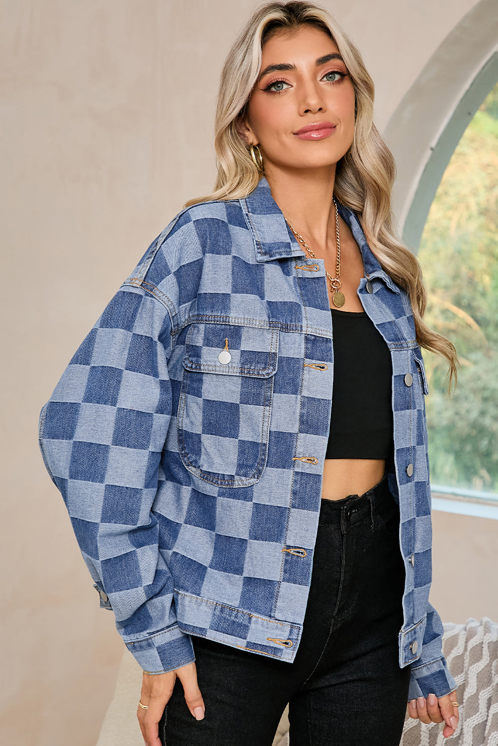 Hellblau/schwarz karierte Patchwork-Jeansjacke