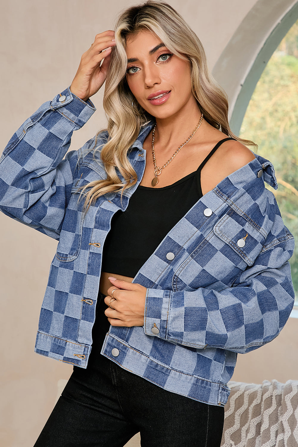 Hellblau/schwarz karierte Patchwork-Jeansjacke