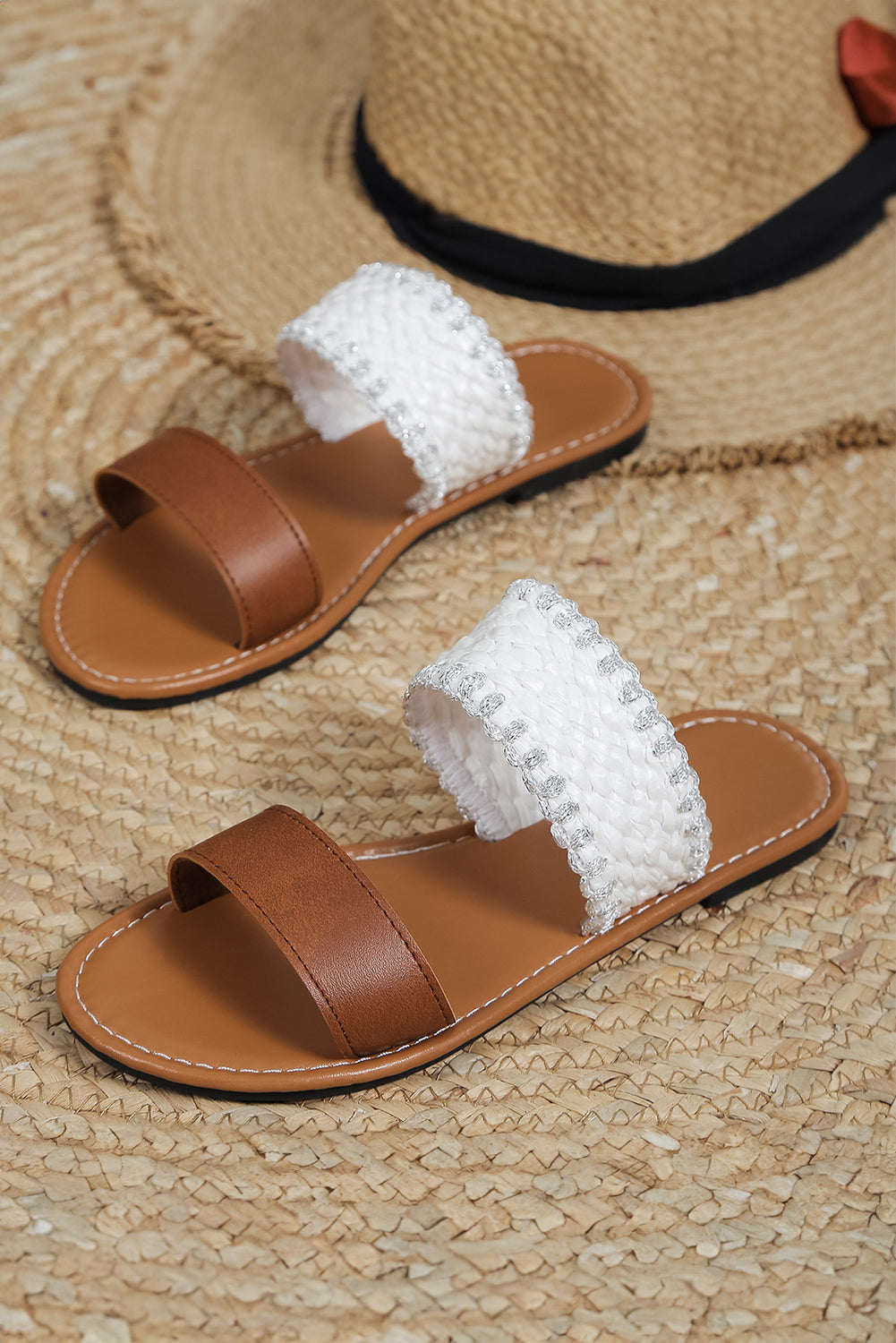 Chestnut Faux Leather Woven Strap Flip flops