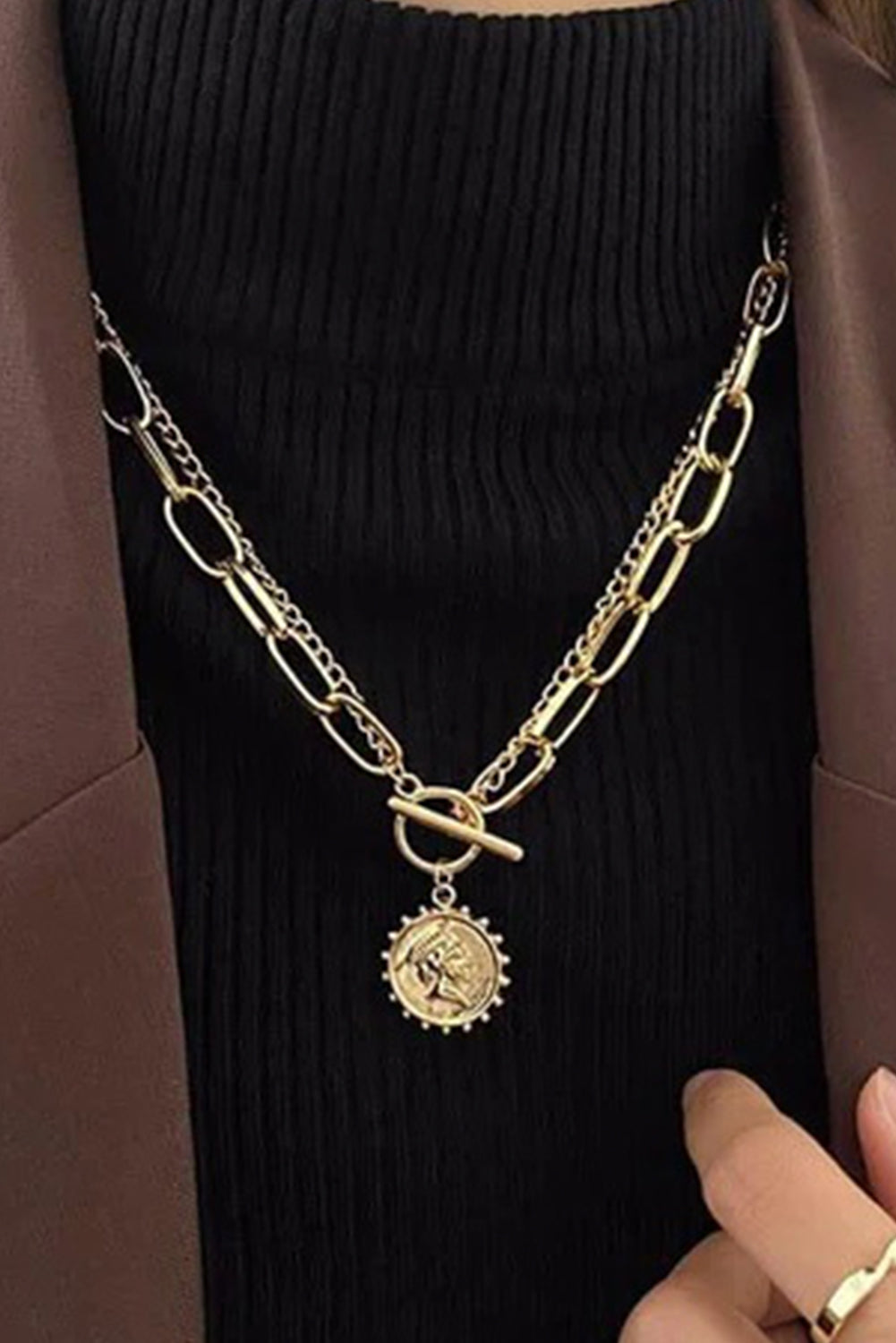 Gold Plated Vintage Carved Coin Necklace