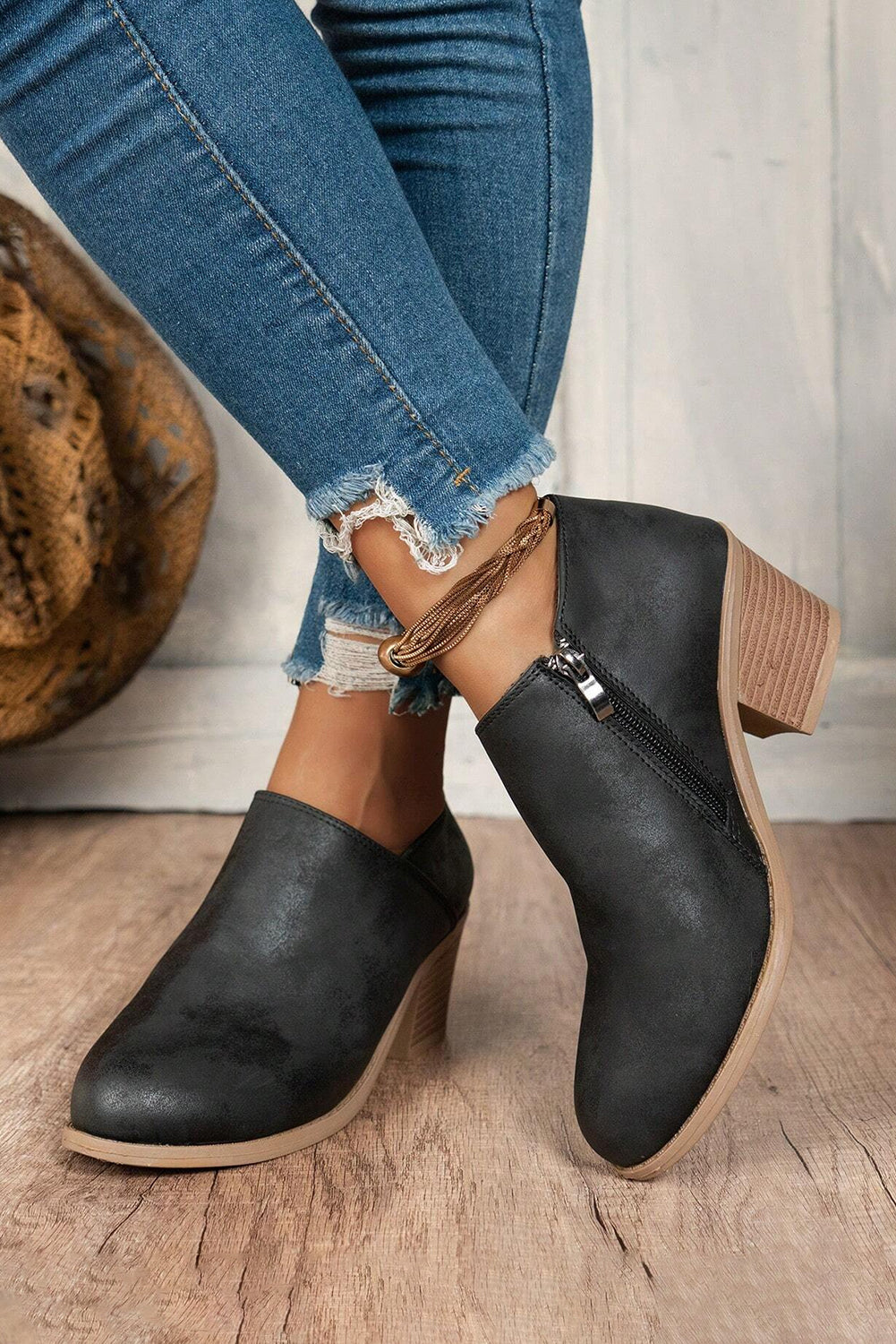 Suede Block Heel Ankle Boot