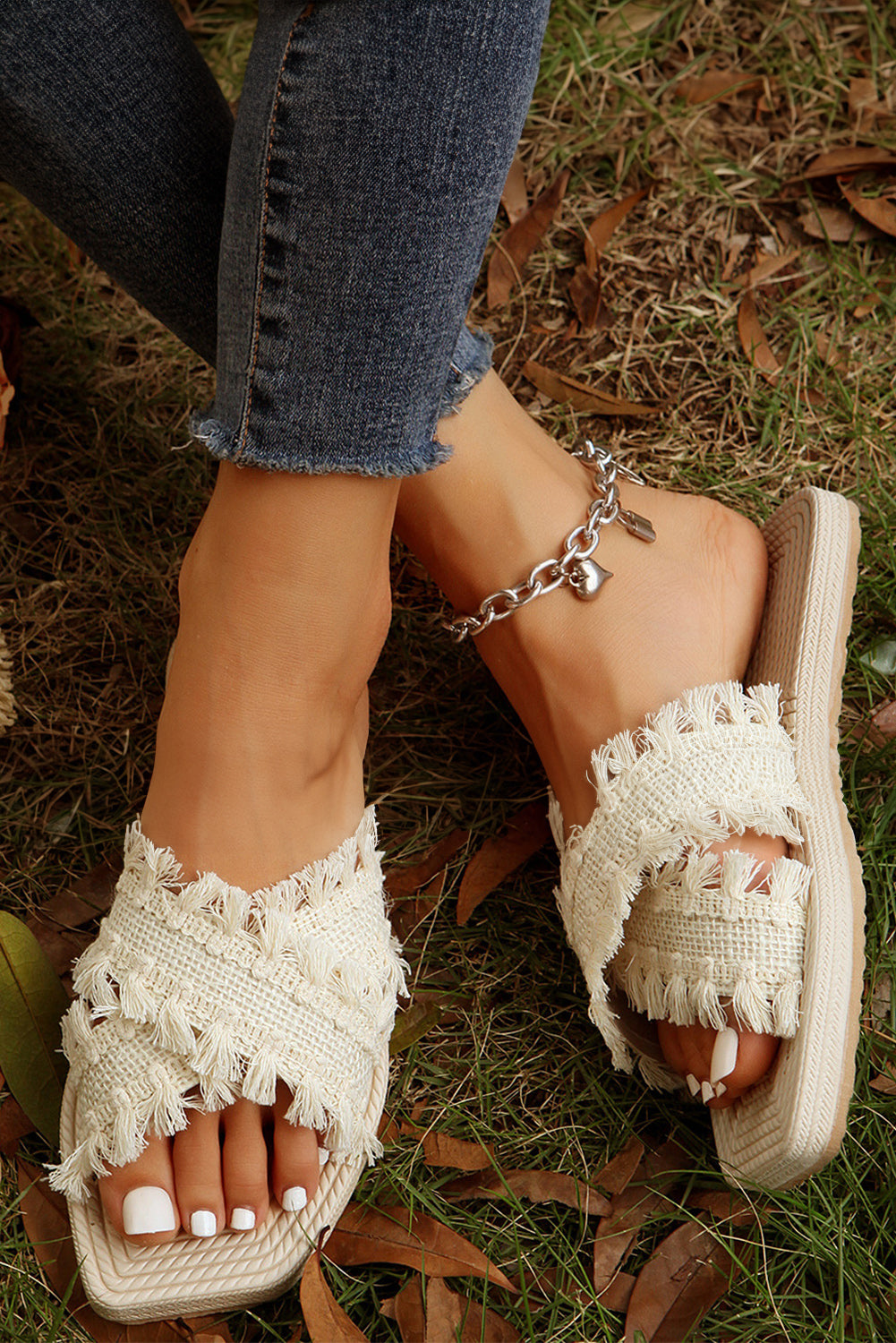 Beige Tassel Woven Crossed Straps Flip Flops