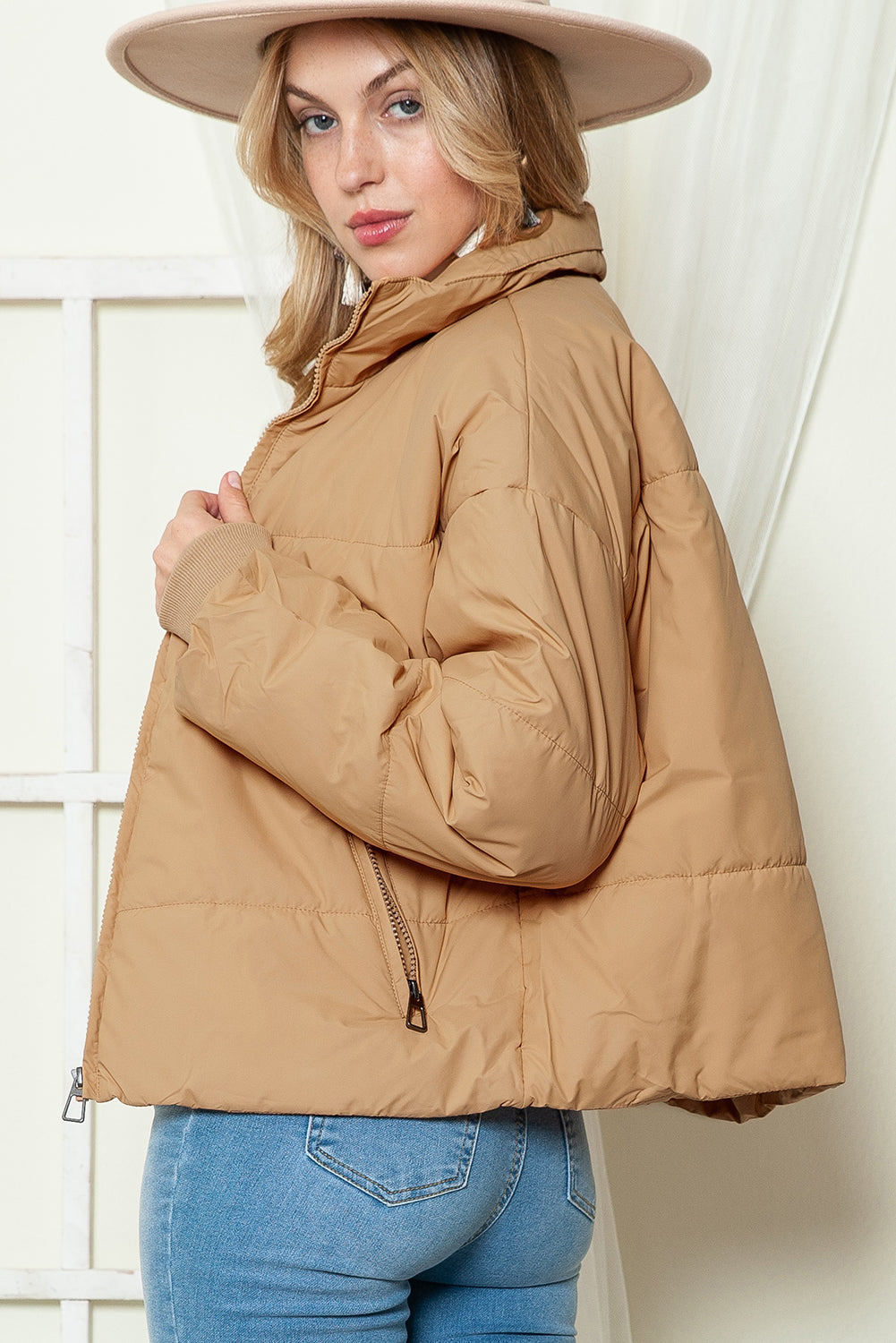 Brown, Black and Green Pocketed Puffer Coat