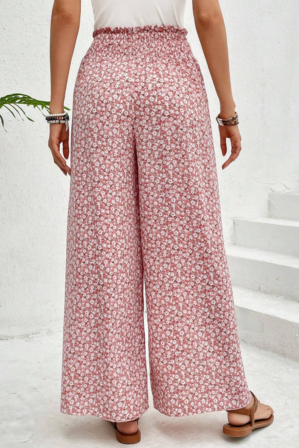 Multi color Floral Shirred Side Slit Wide Leg Pants