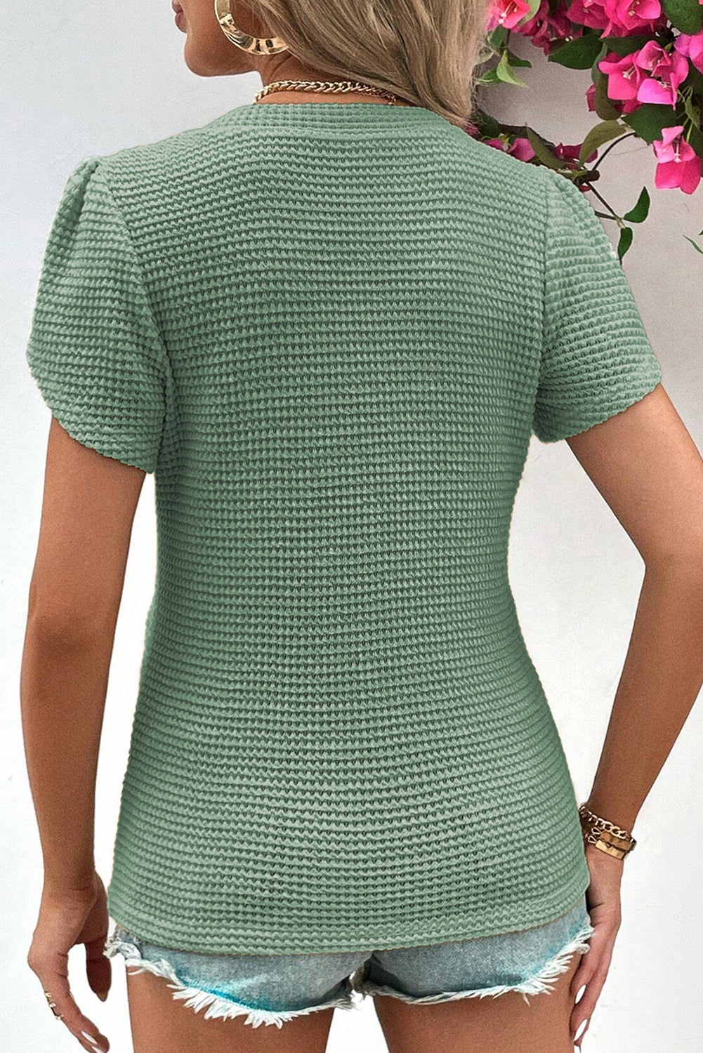 White/Green Tulip Sleeve Waffle Knit V Neck Top