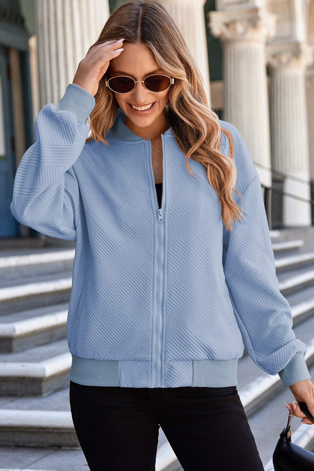 Plain Textured Zip Up Bomber Jacket