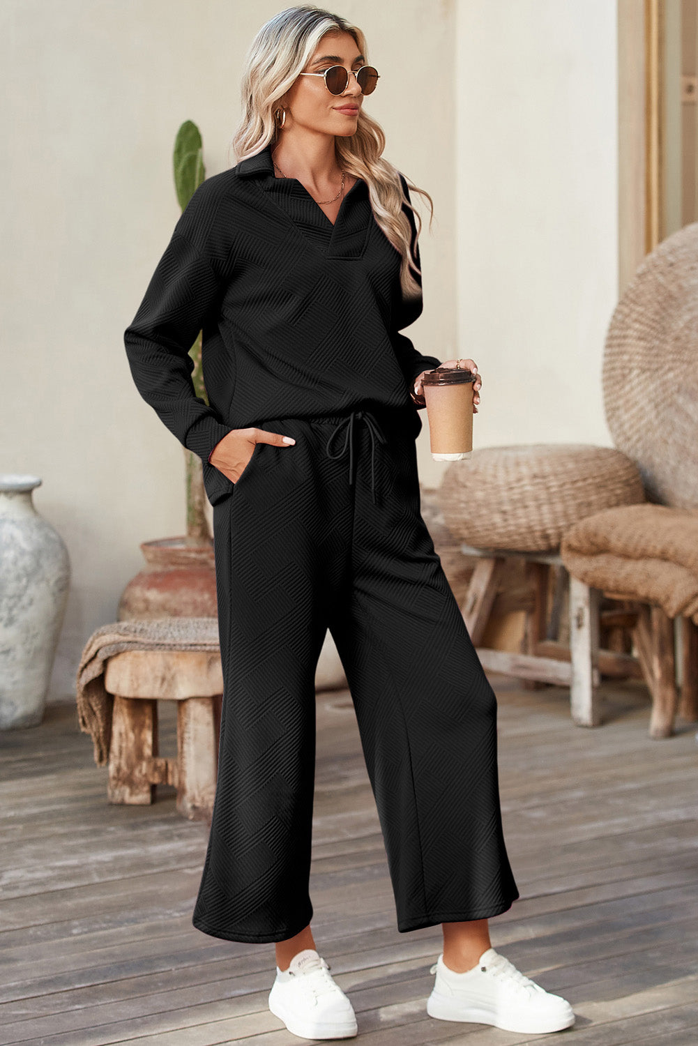 Multi color Plain V Neck Top and Wide Leg Pants Set