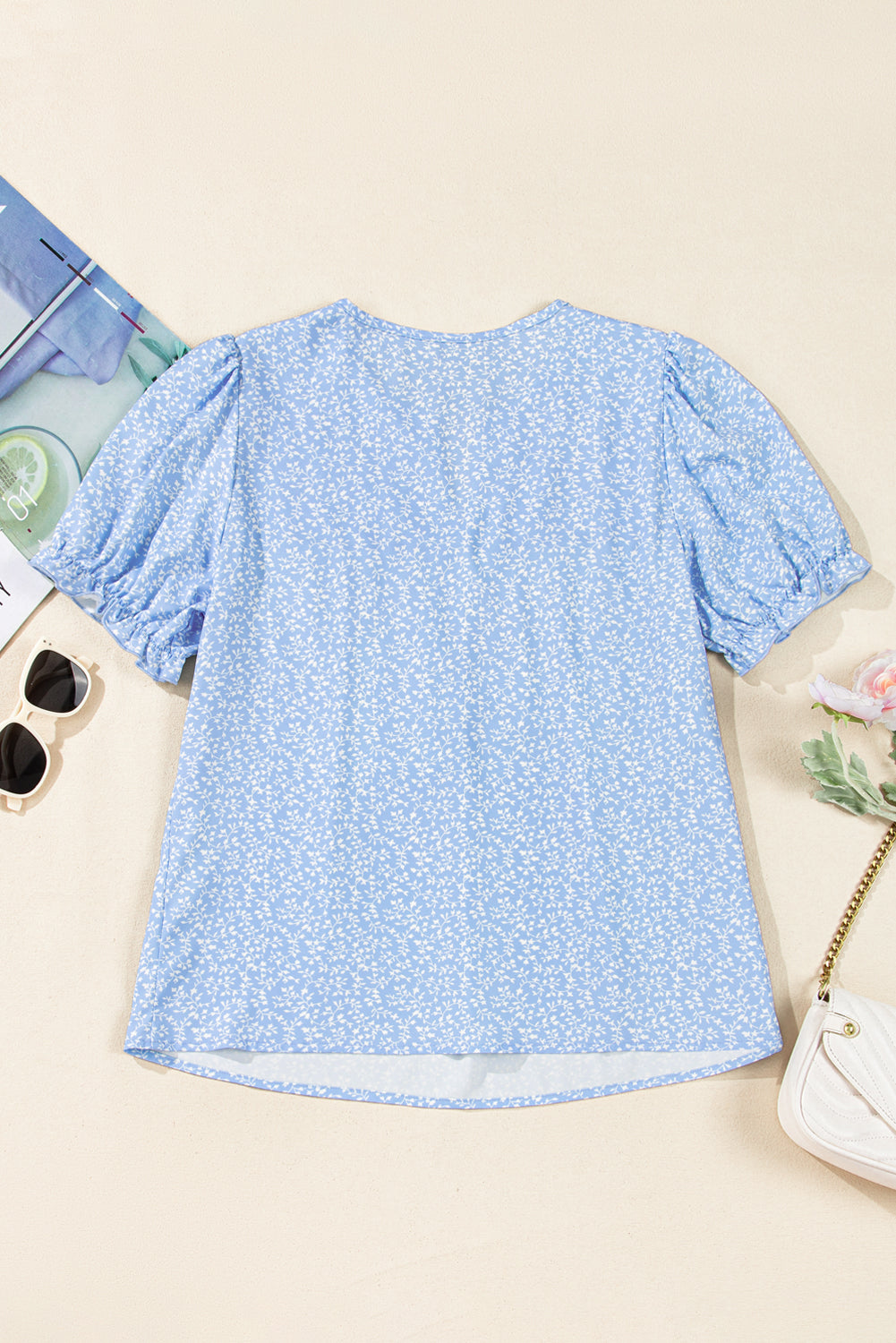 Blue Floral Embroidered Notched V Neck Blouse