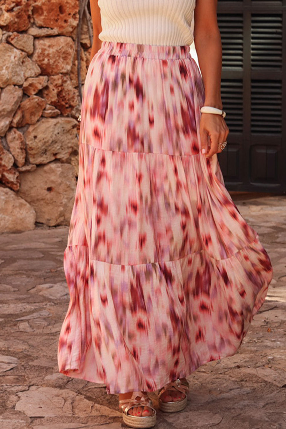 Pink Watercolor Tie Dye Tiered Maxi Skirt