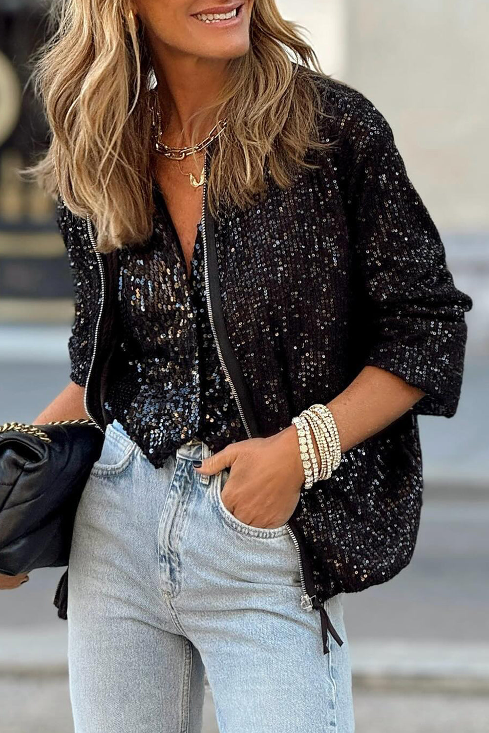 Black/Beige Sequin Zipper-up Jacket