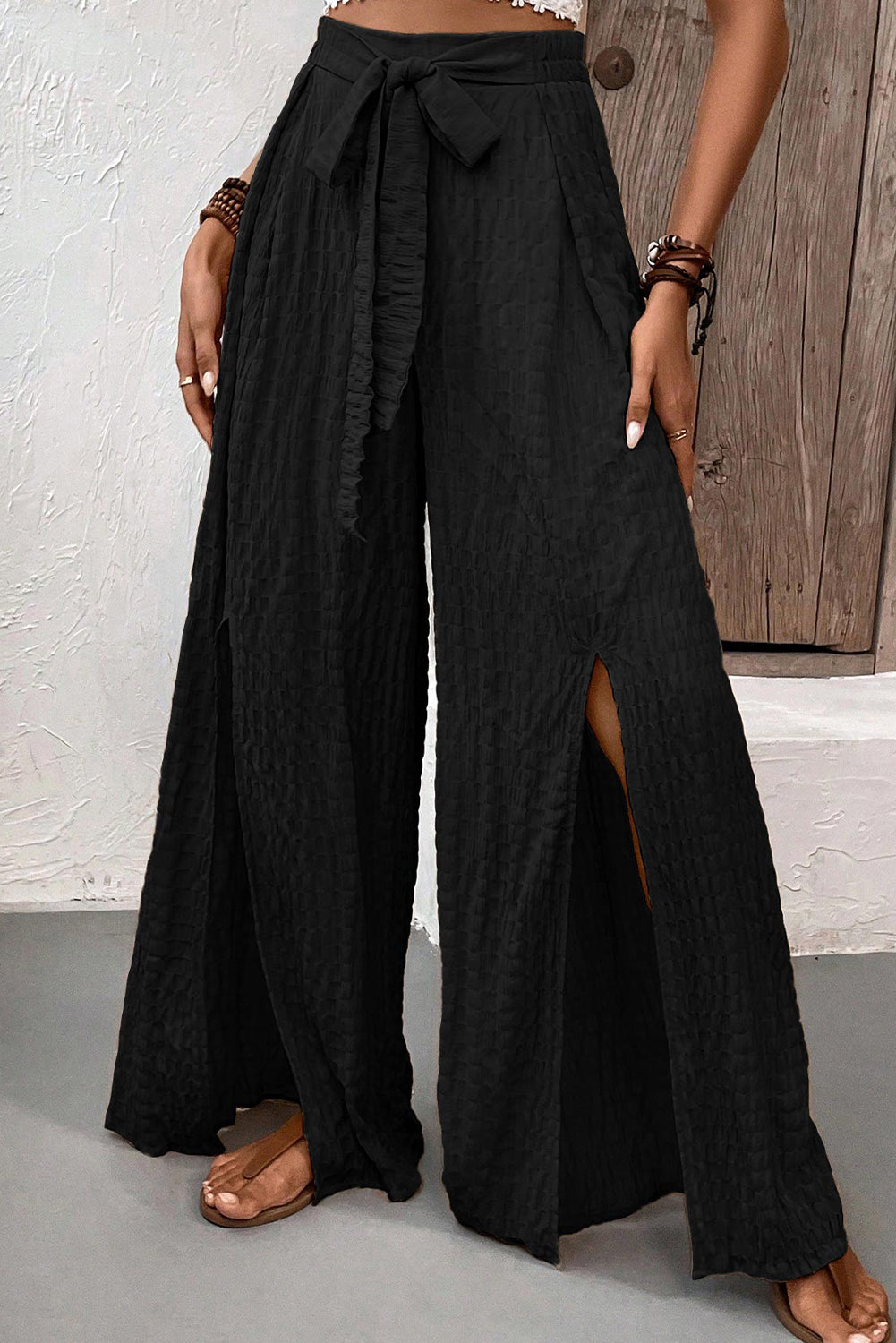 Black Crinkle Waist Slits Flared Pants