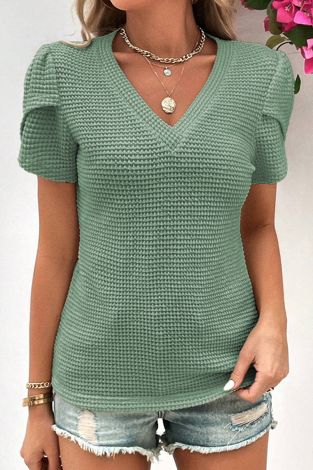 White/Green Tulip Sleeve Waffle Knit V Neck Top