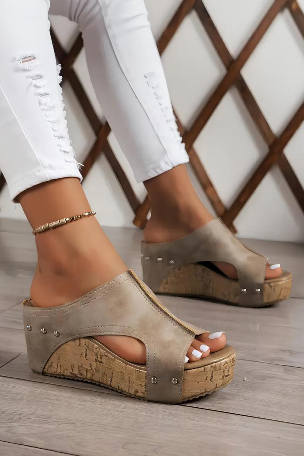 Gray Leather Wedge Slides Shoes