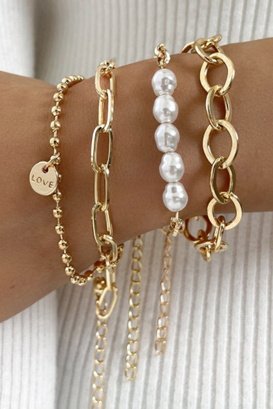 Gold Pearl Link Chain Love Alloy Bracelet