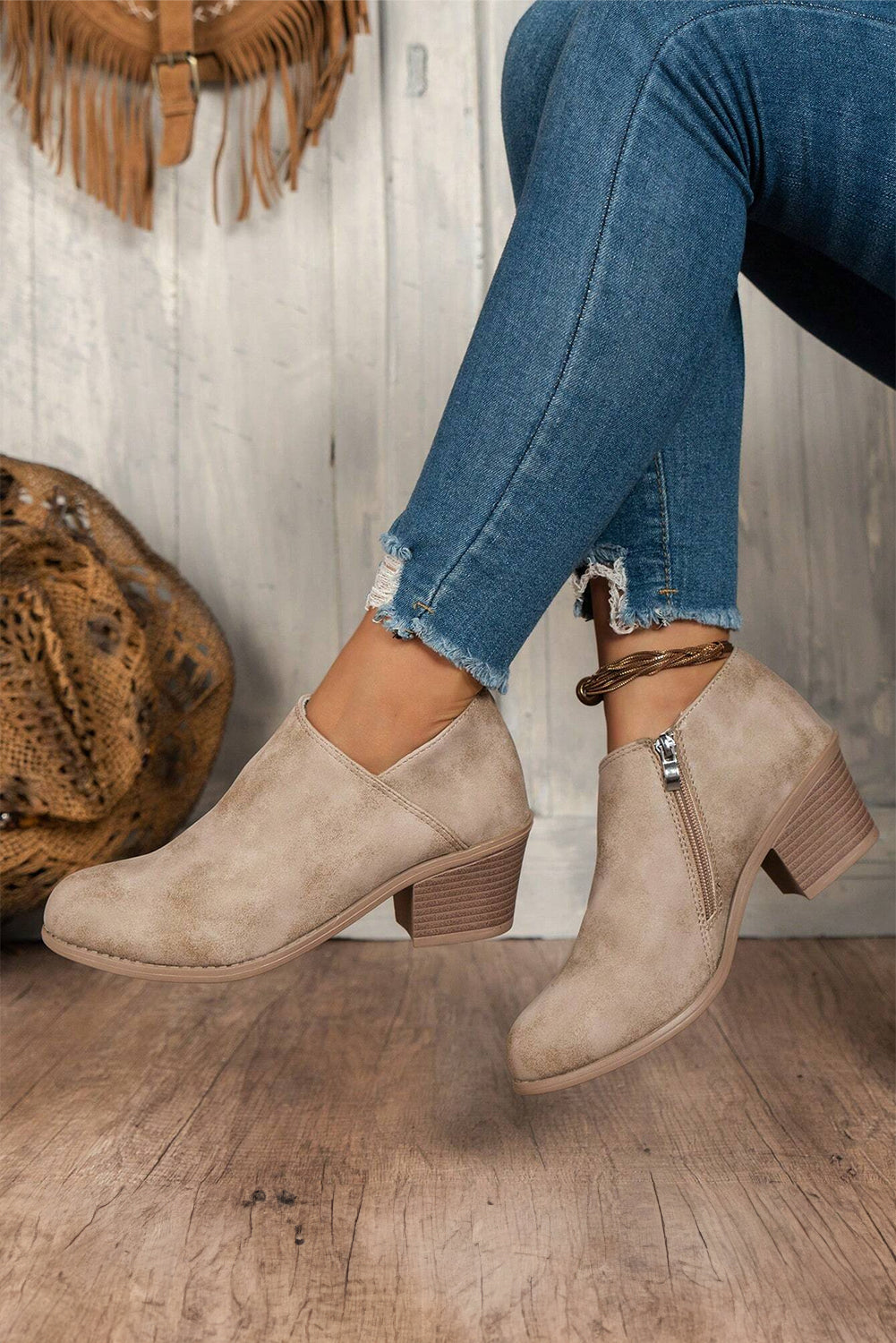 Suede Block Heel Ankle Boot