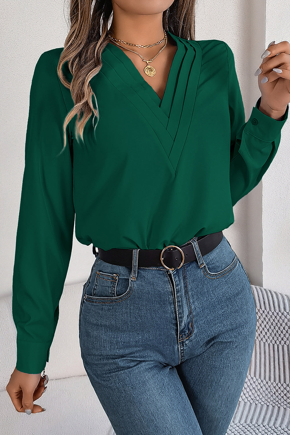 Blackish Green / Red Elegant V-Neck Pleated Blouse