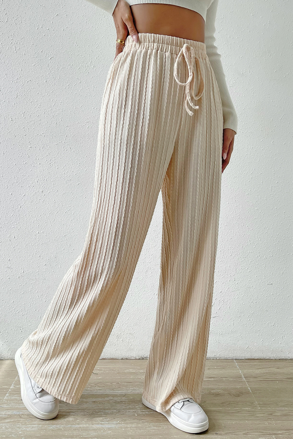 White Rib Knit Wide Leg Pants