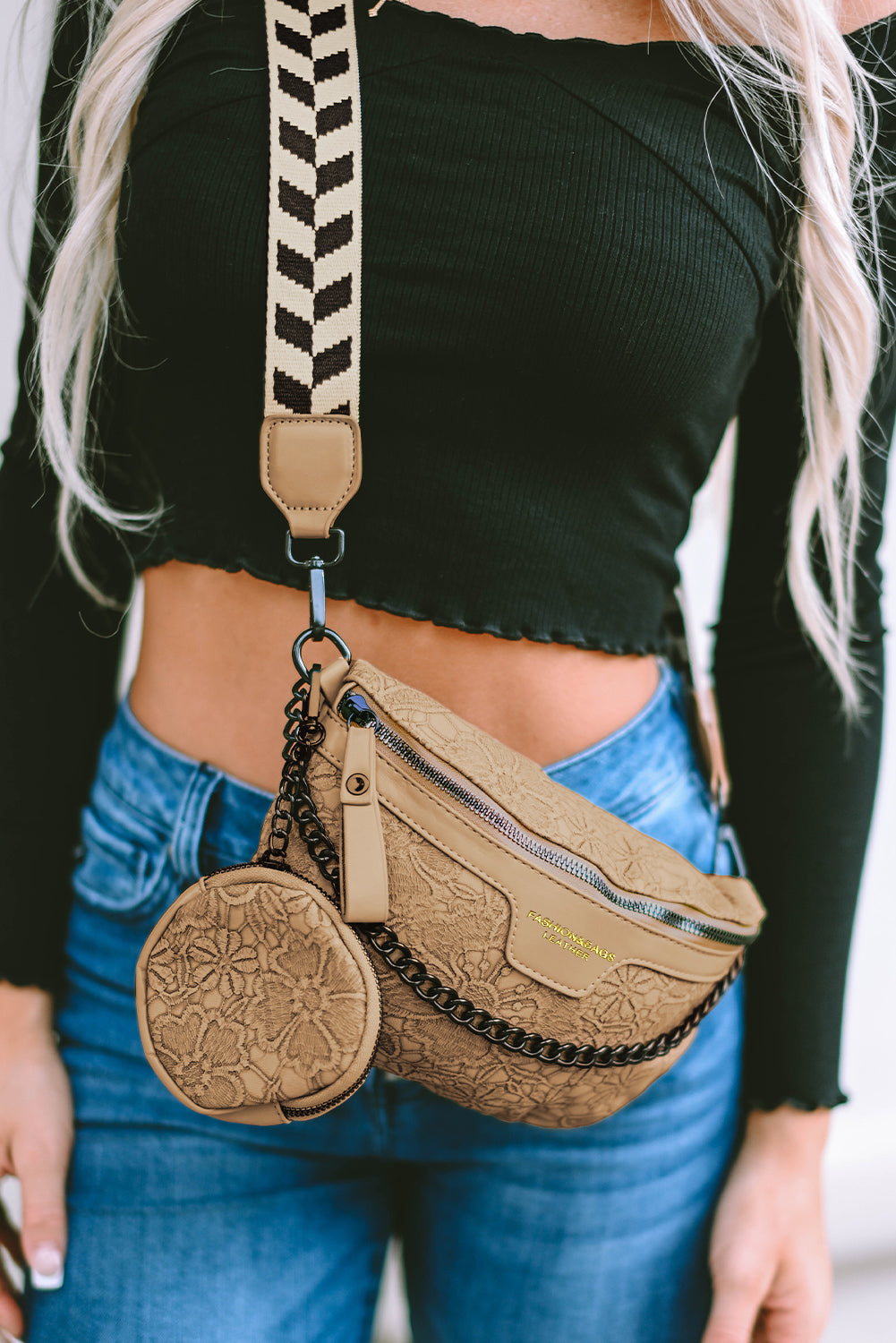 Camel/Black Vintage Floral Crossbody Bag with Coin Purse