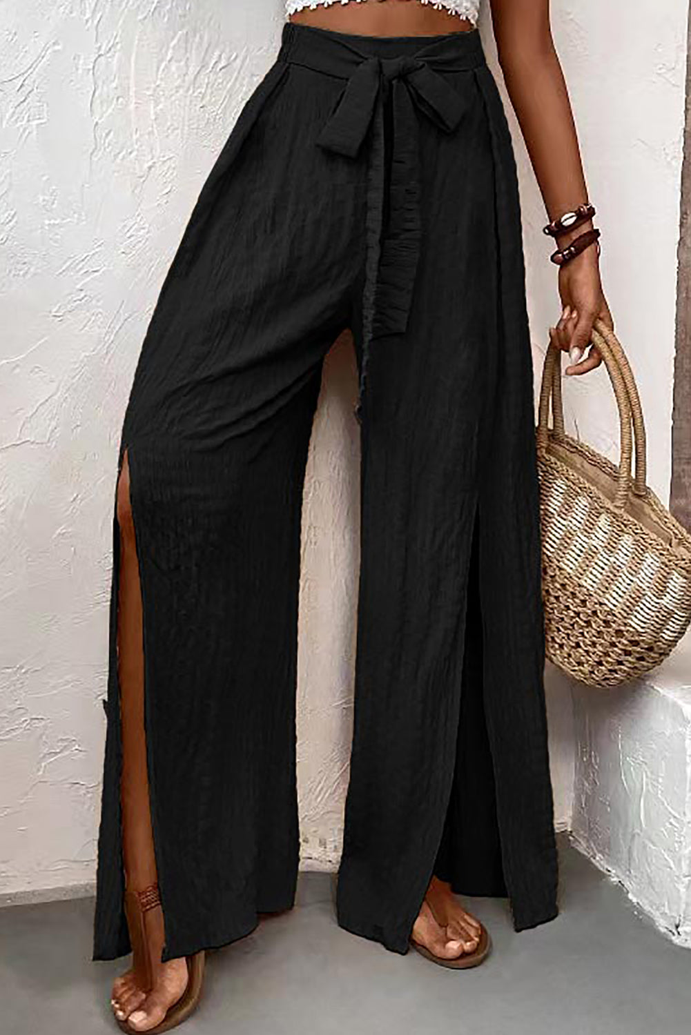 Black Crinkle Waist Slits Flared Pants