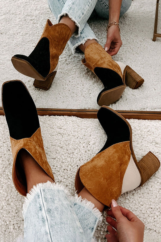 Chestnut/Black Colorblock Suede Heeled Ankle Boots