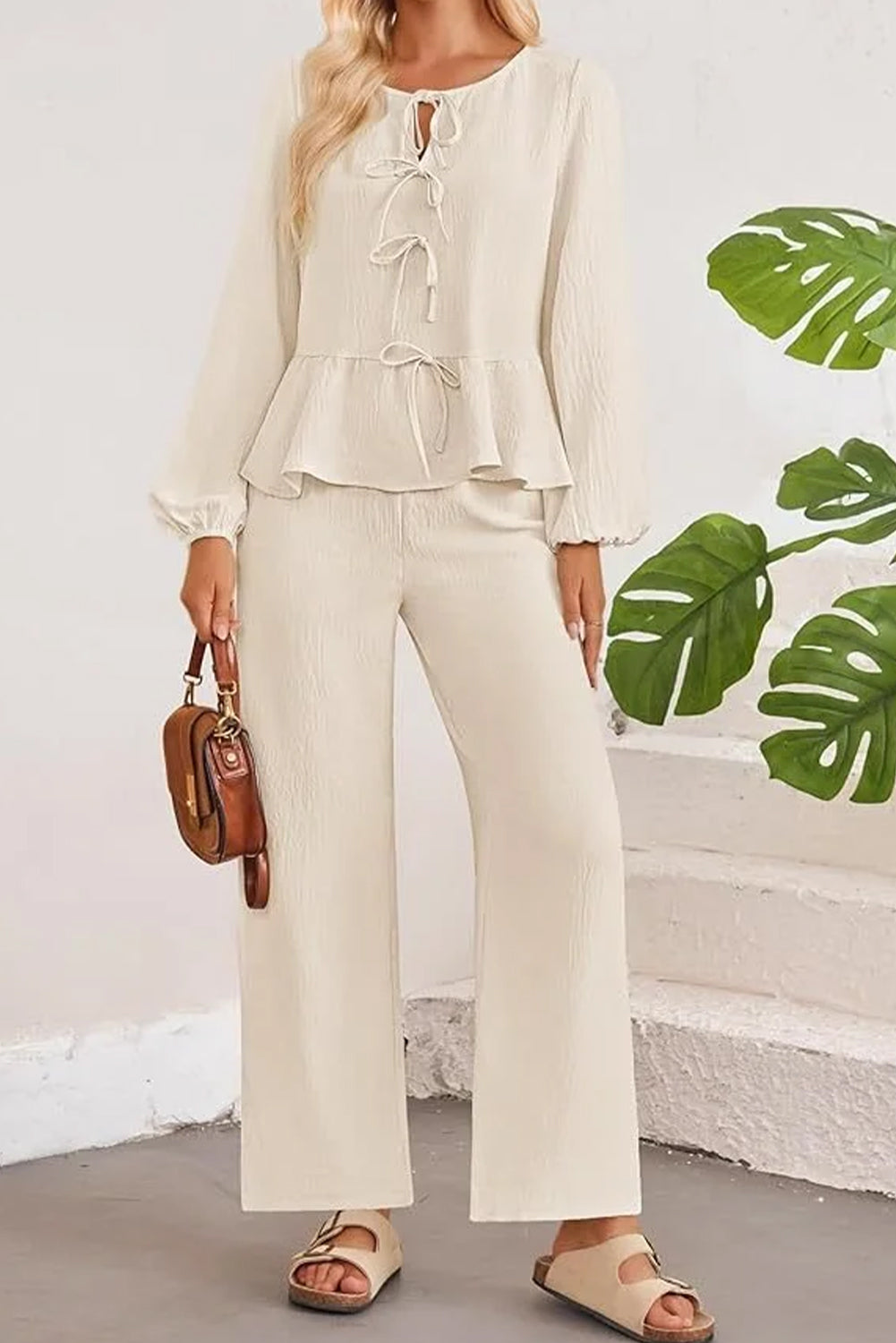 White Front Tie Long Sleeve Top And Wide Leg Pant Set