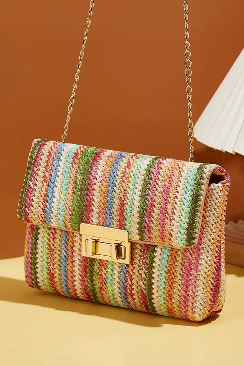 Pink Striped Crochet Flapped Single Shoulder Bag