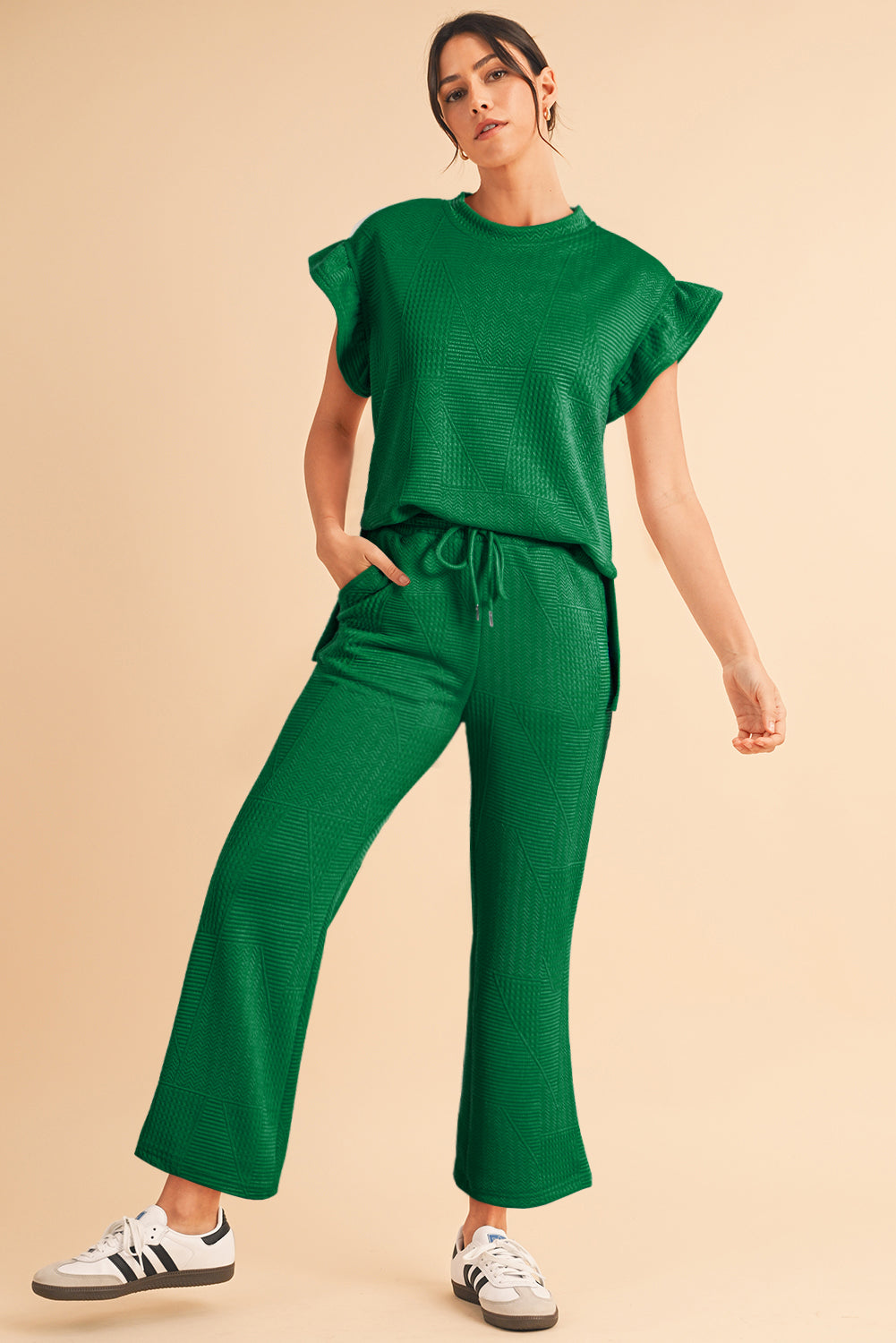 Black/Green/Blue Textured Ruffle Top and Pants Set