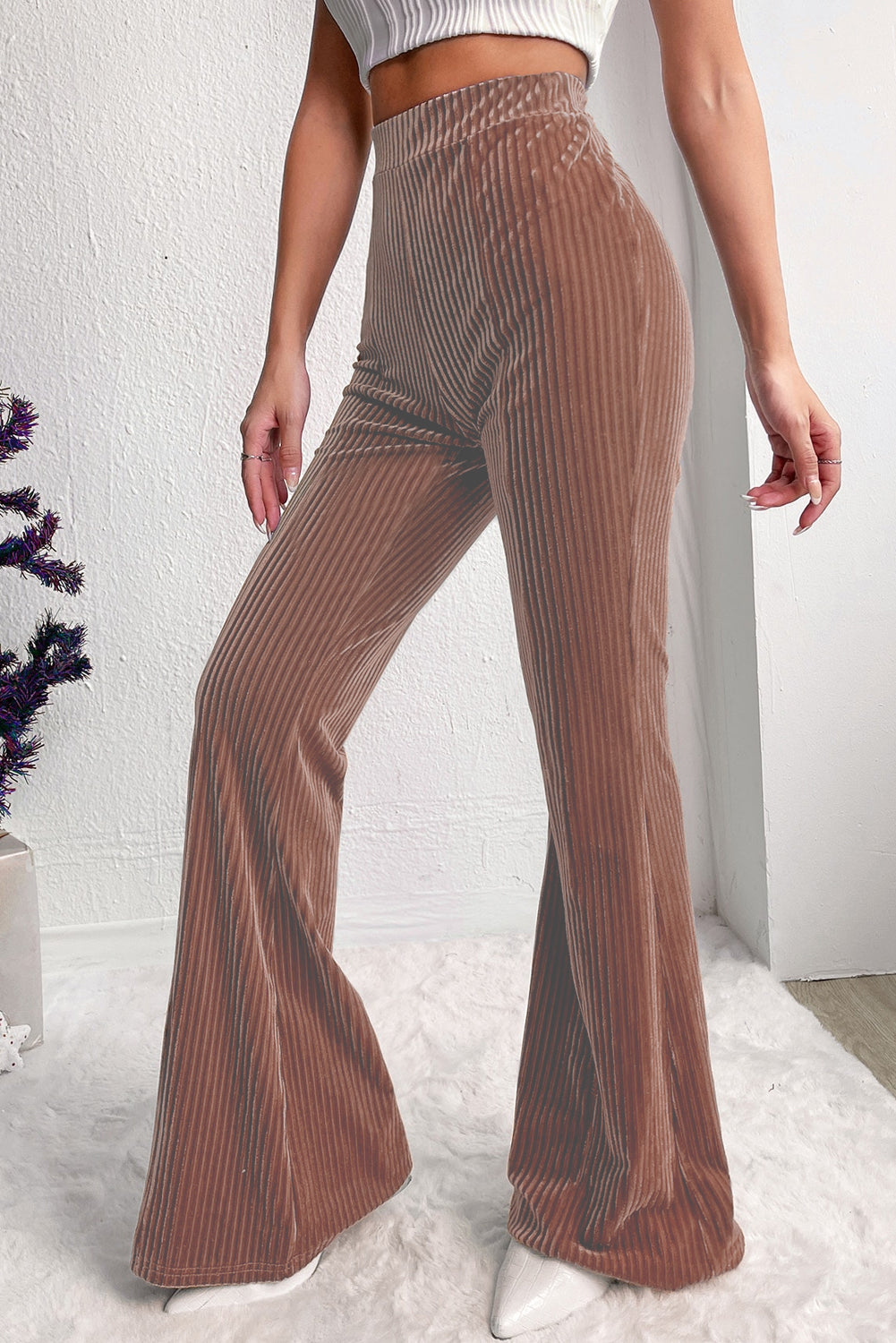 Brown, Pink and Black High Waist Corduroy Flare Pants