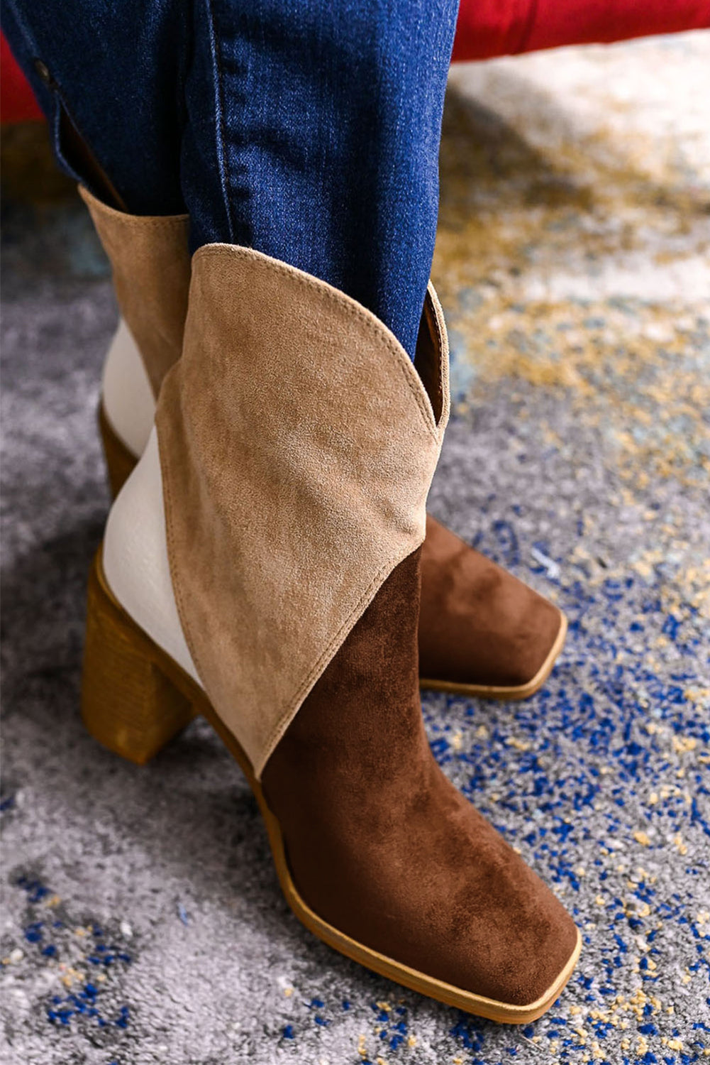 Chestnut/Black Colorblock Suede Heeled Ankle Boots