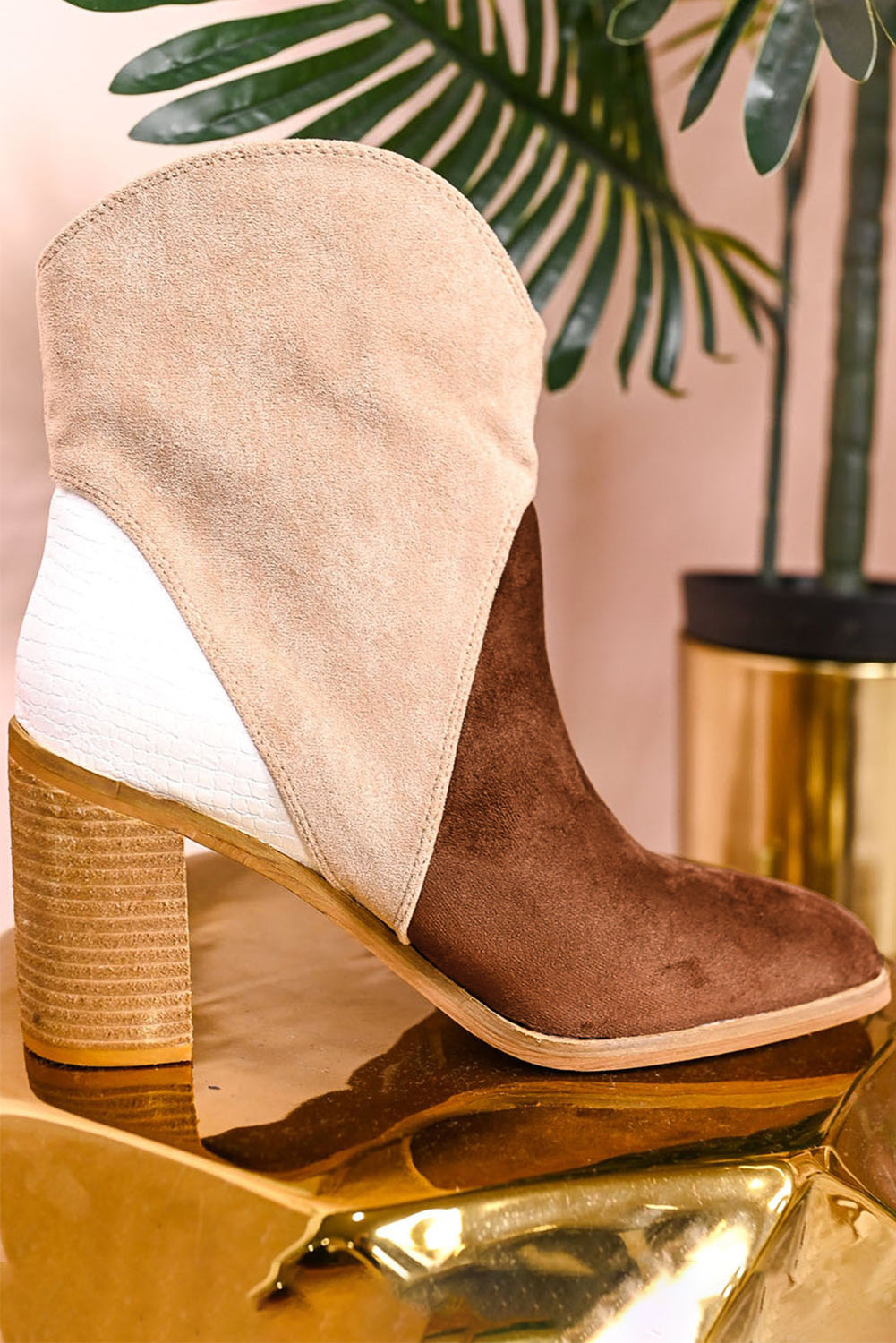 Chestnut/Black Colorblock Suede Heeled Ankle Boots